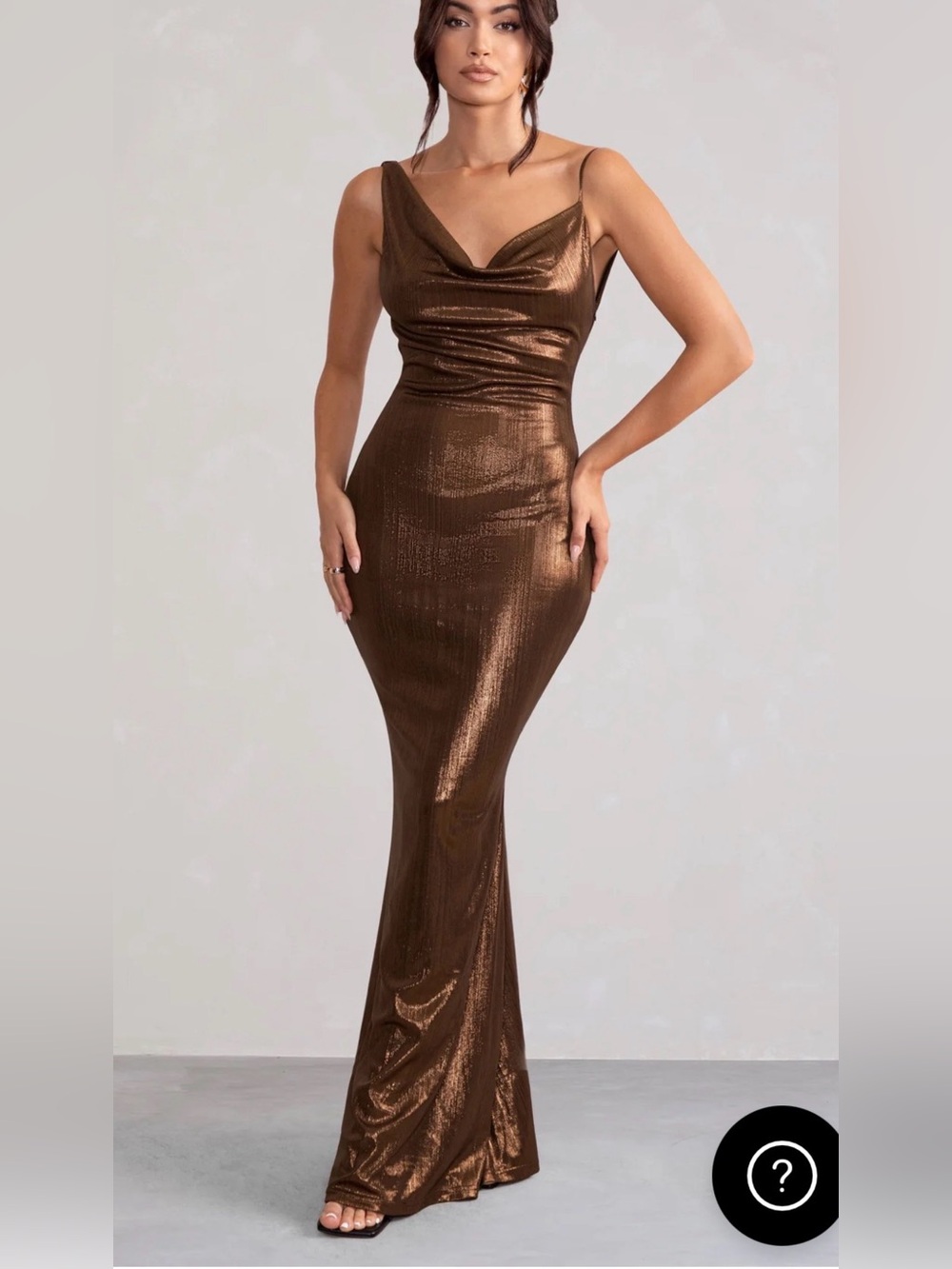 Metallic Bronze Cowl Neck Evening Gown